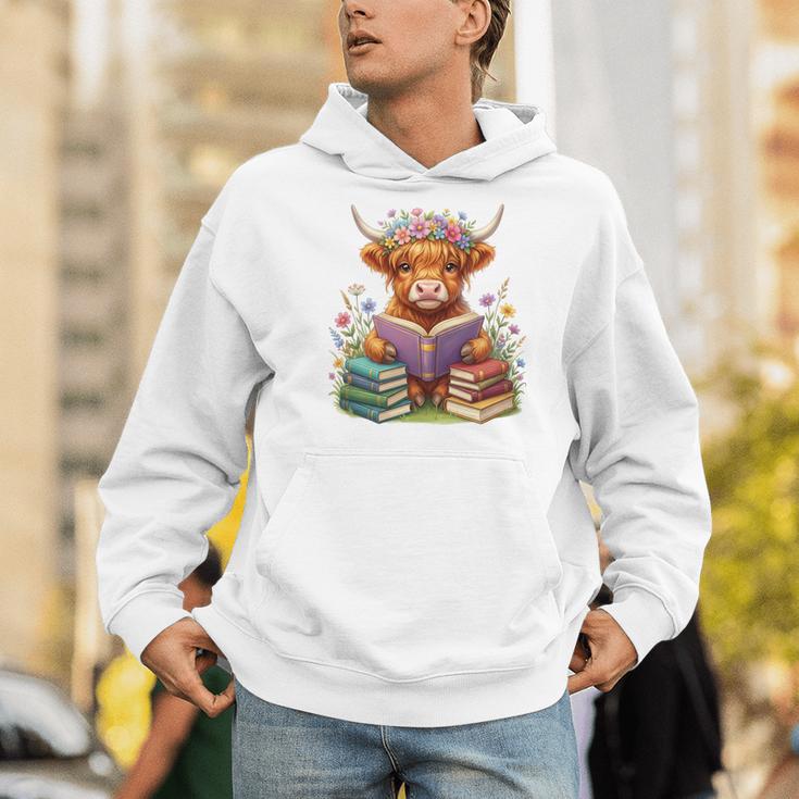 Highland Cow Book Floral Bookworm Librarian Cute Easter Day Men Hoodie