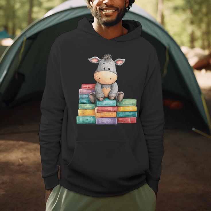 Adorable Donkey With Heart Sitting On Colorful Book Stack Men Hoodie