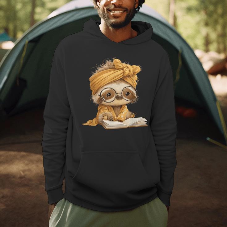Baby Sloth Open Book Reading Animal Lover Graphic Portrait Men Hoodie