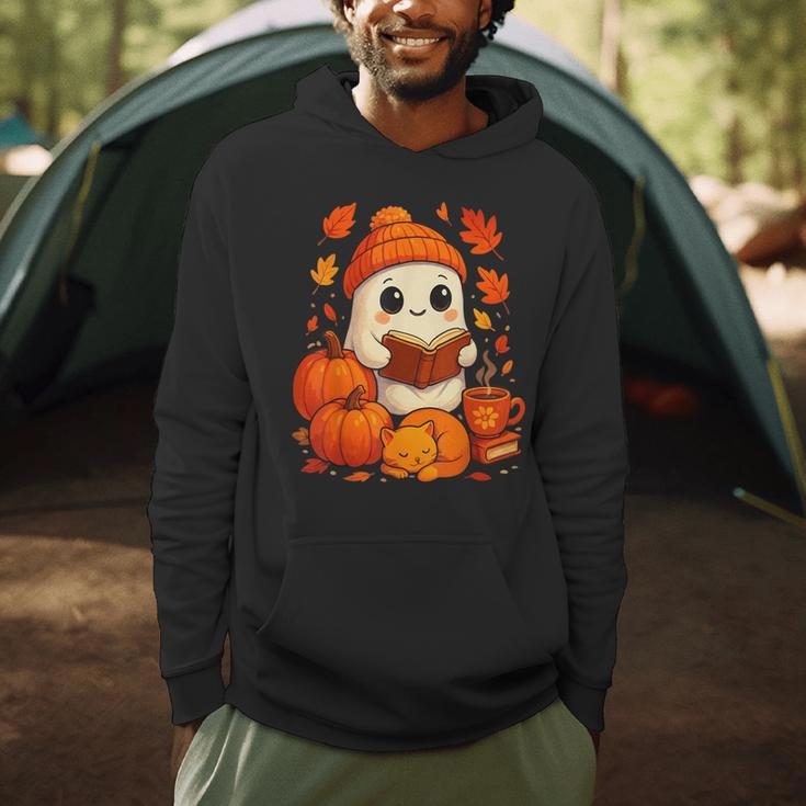 Cute Ghost Reading Book Autumn Pumpkins Cat Coffee Halloween Men Hoodie
