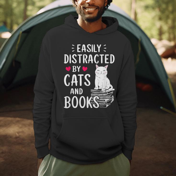 Easily Distracted By Cats And Books Cat Lover Men Hoodie