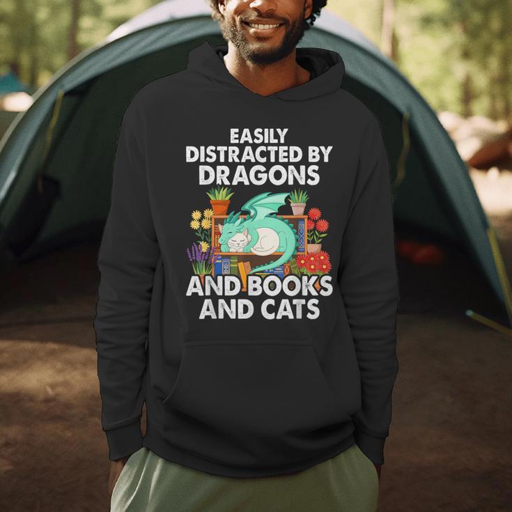 Easily Distracted By Dragons Books Cats Fantasy Book Lover Men Hoodie