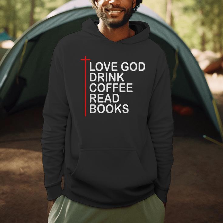 Love God Drink Coffee Read Books Lover Jesus Cross Christian Men Hoodie
