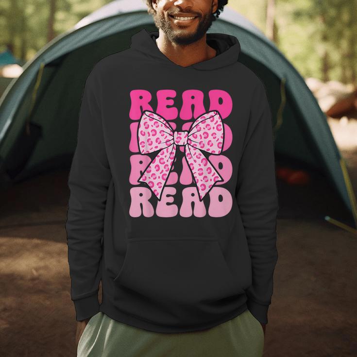 Pink Leopard Read Coquette Bow Girls Retro Groovy Reading Men Hoodie