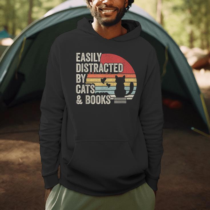 Vintage Retro Easily Distracted By Cats And Books Men Hoodie