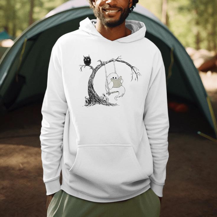 Cute Ghost Swinging Reading Book Halloween Ghost Costume Men Hoodie
