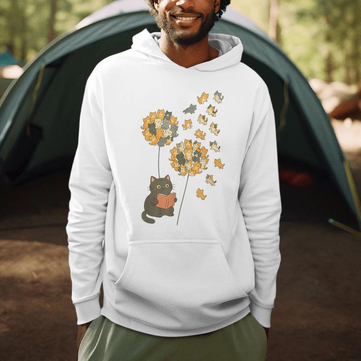 Cute Reading Cat With Kitten Dandelion Flowers Book Lover Men Hoodie
