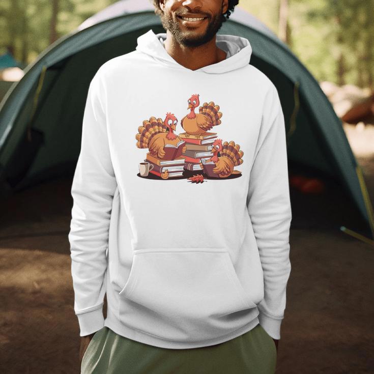 Turkey Reading Books Fall Thanksgiving Teacher Book Lovers Men Hoodie