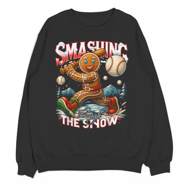 Baseball Player Christmas Gingerbread Smashing Through Snow Unisex Sweatshirt