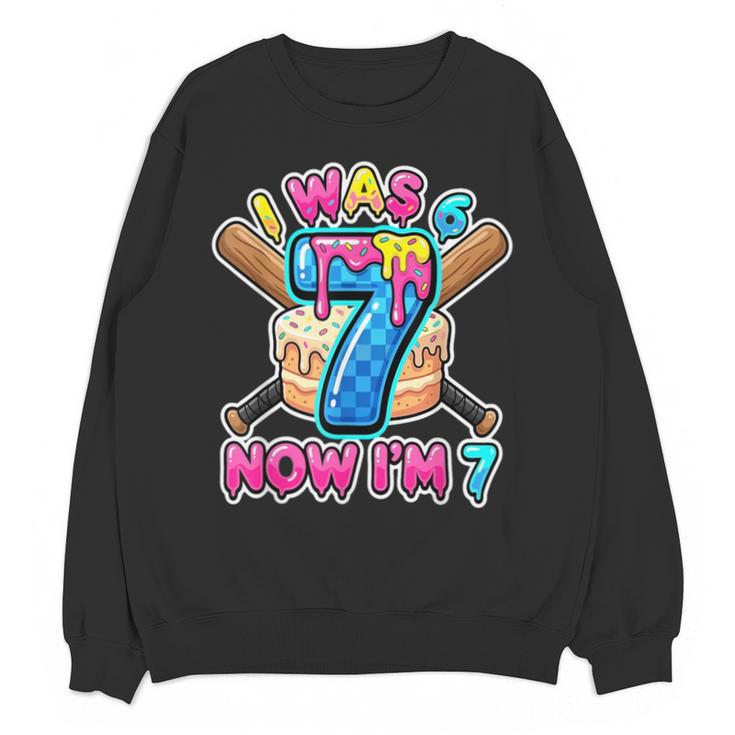 Blue Checkered I Was 6 Now I'm 7 Birthday Cake Baseball Drip Unisex Sweatshirt
