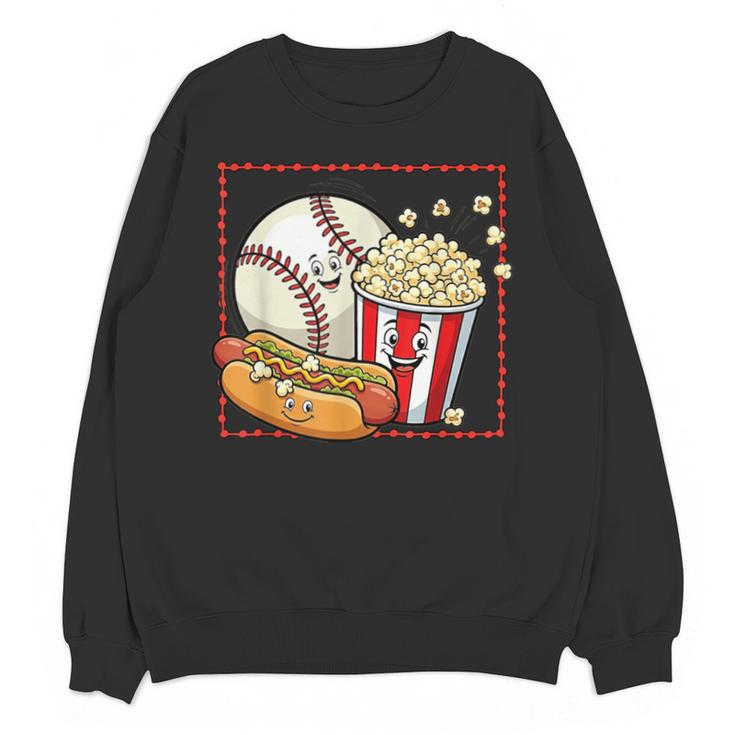 Smiling Baseball Popcorn And Hot-Dog Cartoon Apparel Unisex Sweatshirt