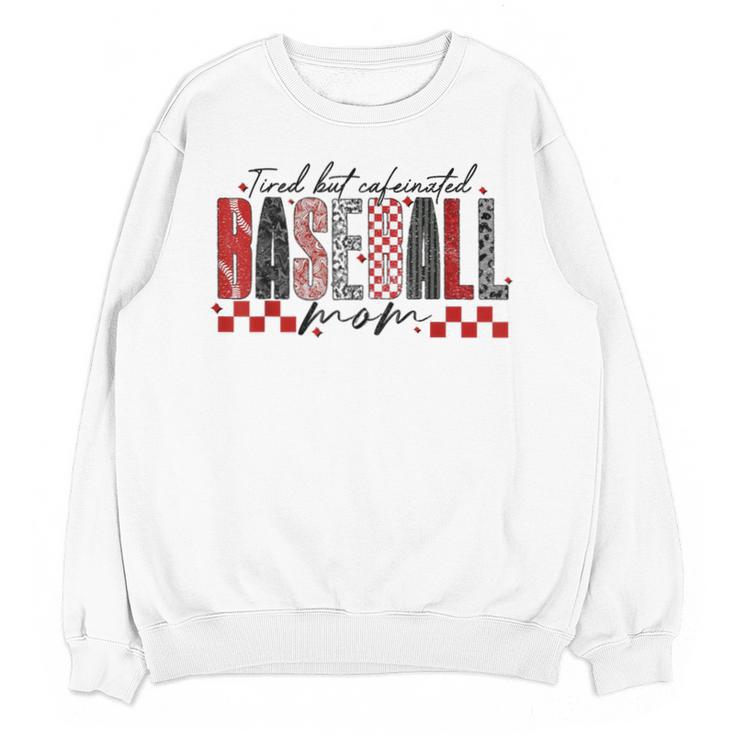 Retro Checkered Tired But Caffeinated Baseball Mom Leopard Unisex Sweatshirt
