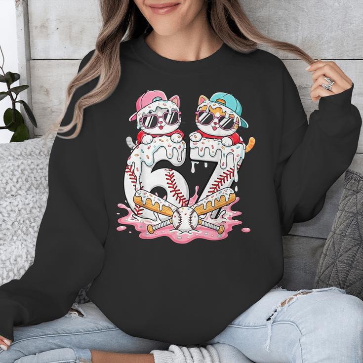 67 Meme Kawaii Cats Baseball Ice Cream Drip 6 7 Kids Unisex Sweatshirt