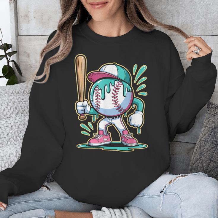 Baseball Character Cartoon Batter Drip Style Women Men Unisex Sweatshirt Baseball Character Cartoon Batter Drip Style Women Men Unisex Sweatshirt