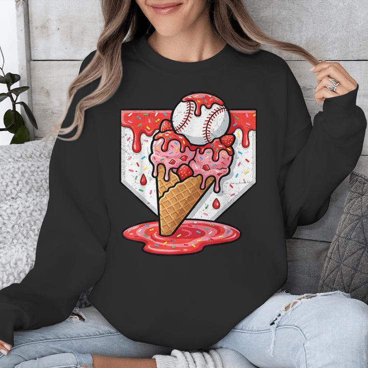 Baseball Ice Cream Drip Baseball Strawberry For Youth Red Unisex Sweatshirt