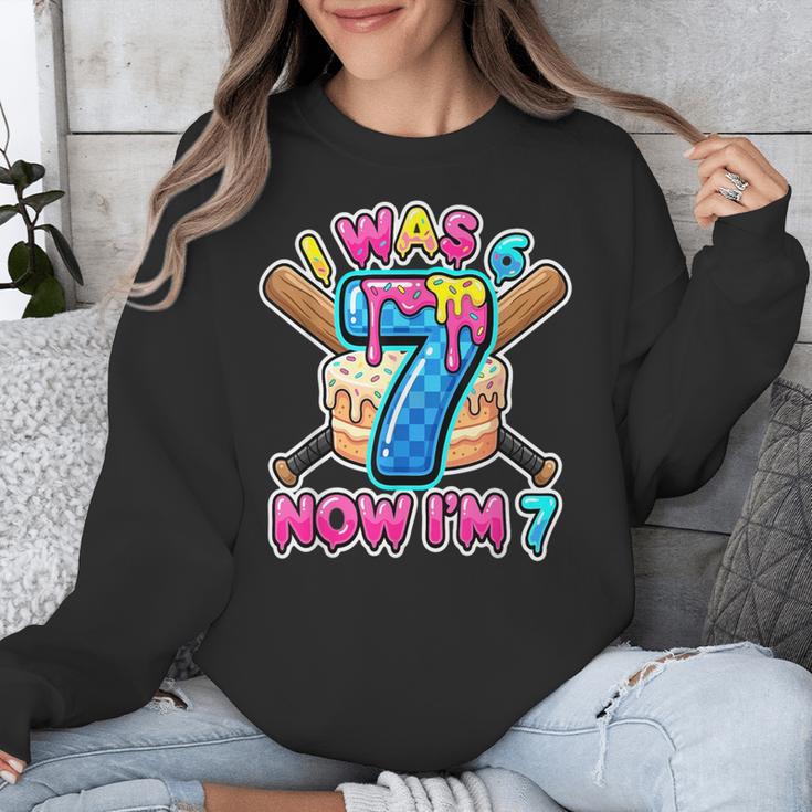 Blue Checkered I Was 6 Now I'm 7 Birthday Cake Baseball Drip Unisex Sweatshirt