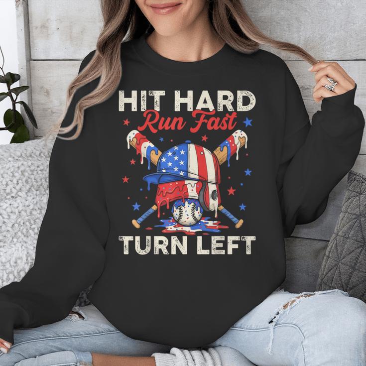 Hit Hard Run Fast Turn Left Baseball Cream Drip Crossed Bats Unisex Sweatshirt