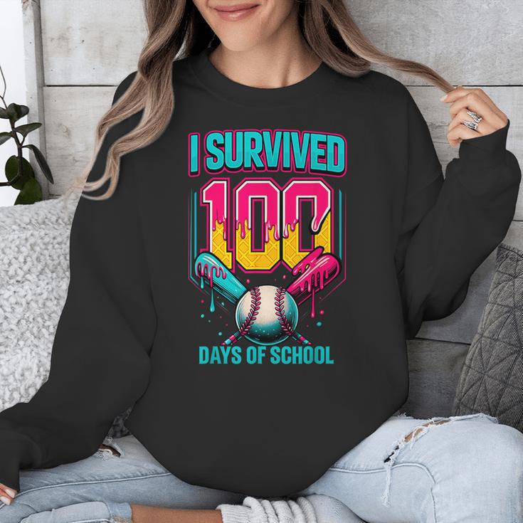 HUGvyn I Survived 100 Days Baseball Teacher Ice Cream Drip Unisex Sweatshirt HUGvyn I Survived 100 Days Baseball Teacher Ice Cream Drip Unisex Sweatshirt