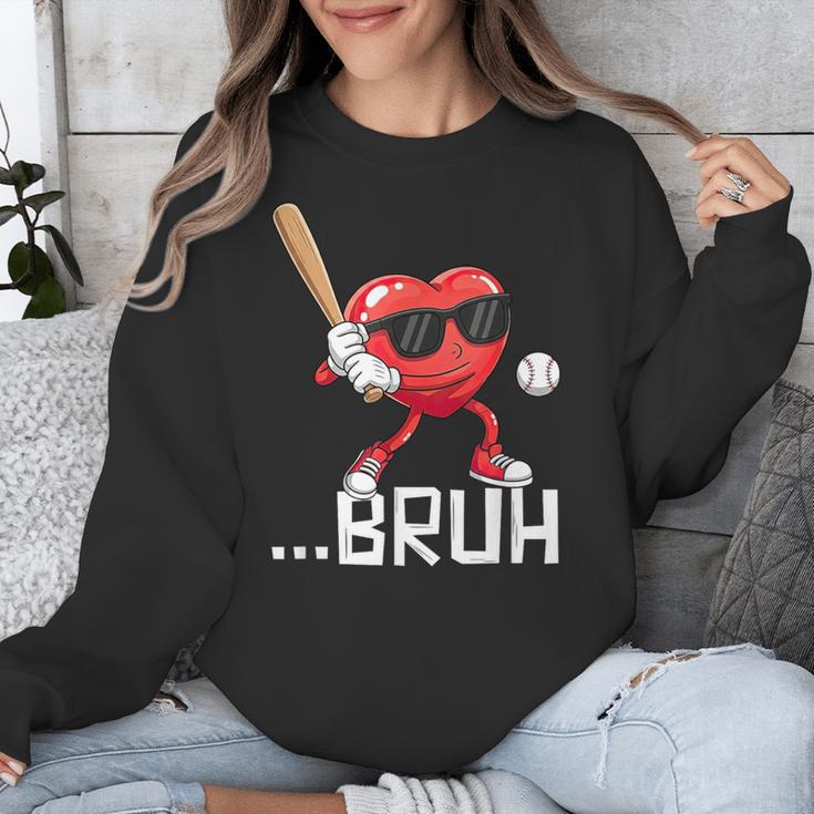 Valentines Bruh Red Heart Playing Baseball Men Boys Kids Unisex Sweatshirt
