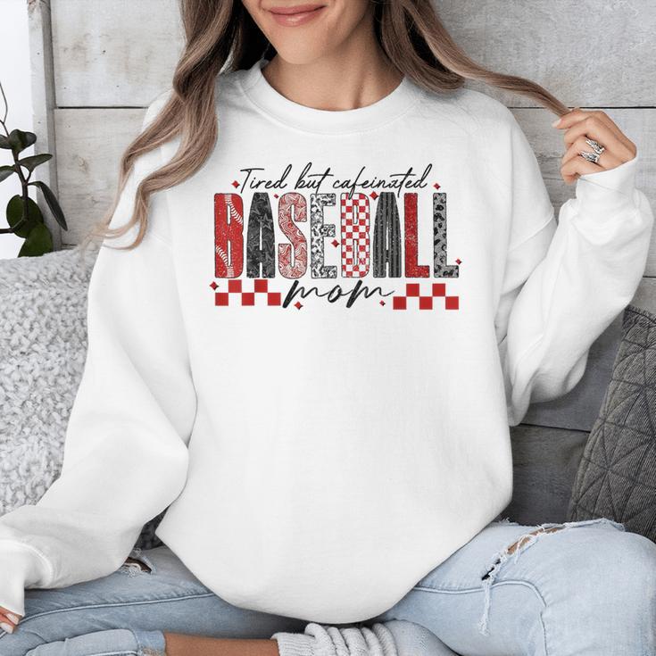 Retro Checkered Tired But Caffeinated Baseball Mom Leopard Unisex Sweatshirt