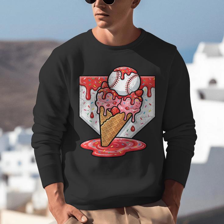 Baseball Ice Cream Drip Baseball Strawberry For Youth Red Unisex Sweatshirt