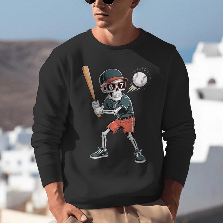 Halloween Skeleton Playing Baseball 67 Six Seven Meme Unisex Sweatshirt