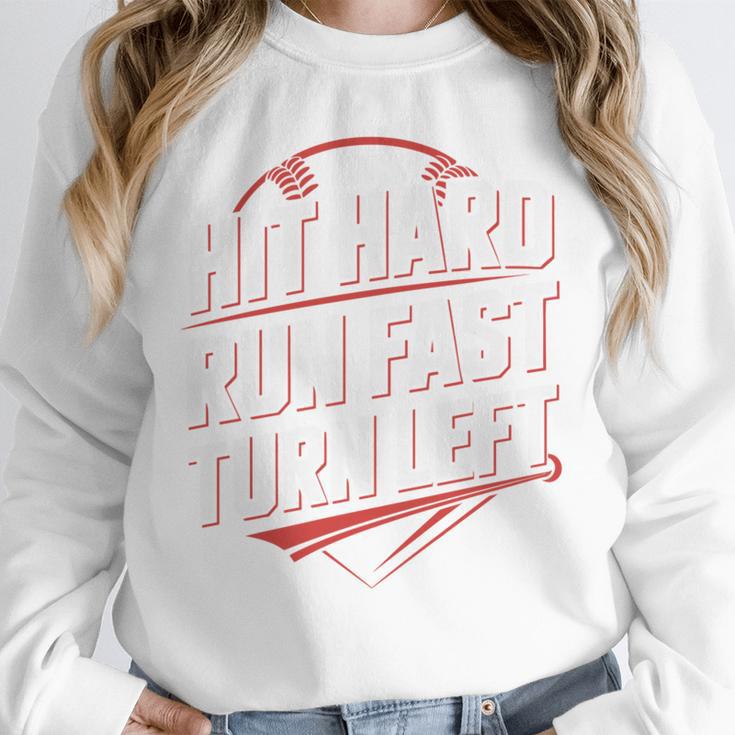 Hit Hard Run Fast Turn Left Baseball Fan Red Graphic Unisex Sweatshirt