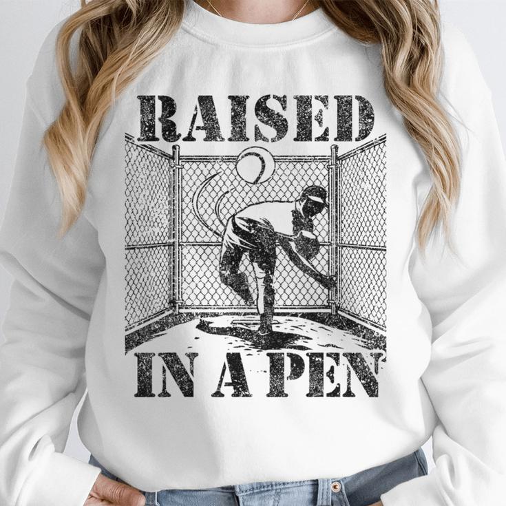 Raised In a Pen Baseball Pitcher Saying Bullpen Unisex Sweatshirt