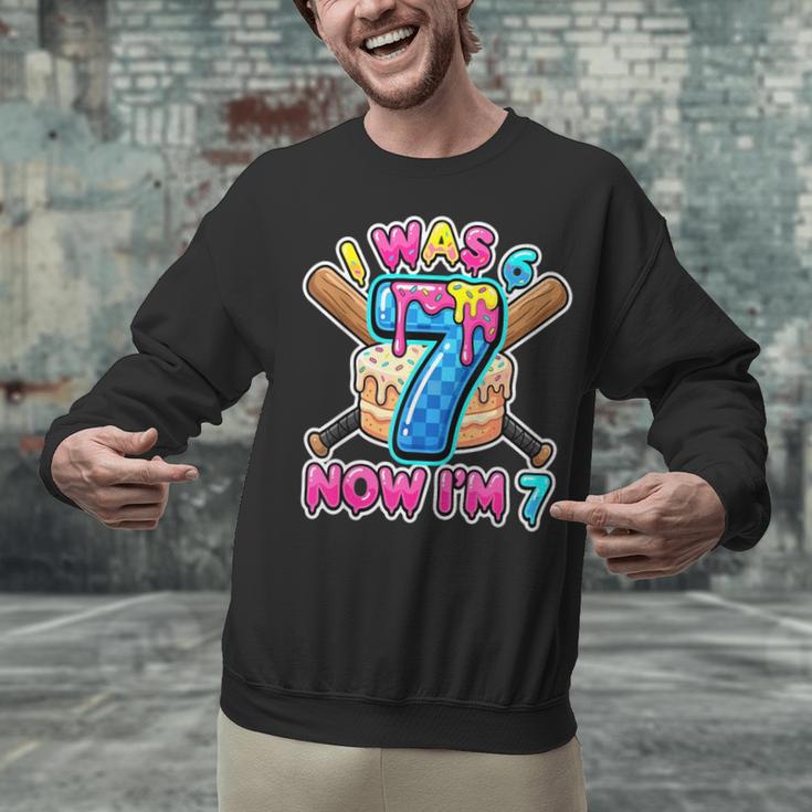 Blue Checkered I Was 6 Now I'm 7 Birthday Cake Baseball Drip Unisex Sweatshirt