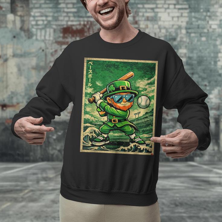 Leprechaun Playing Baseball Japanese Art St Patricks Day Unisex Sweatshirt