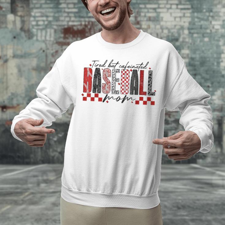 Retro Checkered Tired But Caffeinated Baseball Mom Leopard Unisex Sweatshirt