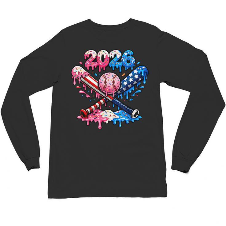 2026 American Flag Baseball Ice Cream Drip Bats Boys Unisex Long Sleeve T-Shirt