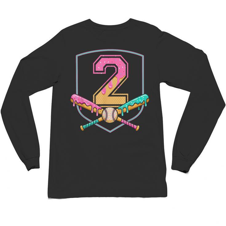 2nd Birthday Baseball Bat Ice-Cream Drip 2yrs Old Boys Kids Unisex Long Sleeve T-Shirt