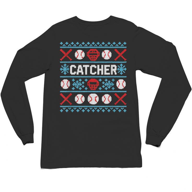 Baseball Catcher Ugly Christmas Sweater Pattern Sports Xmas Unisex Long Sleeve T-Shirt