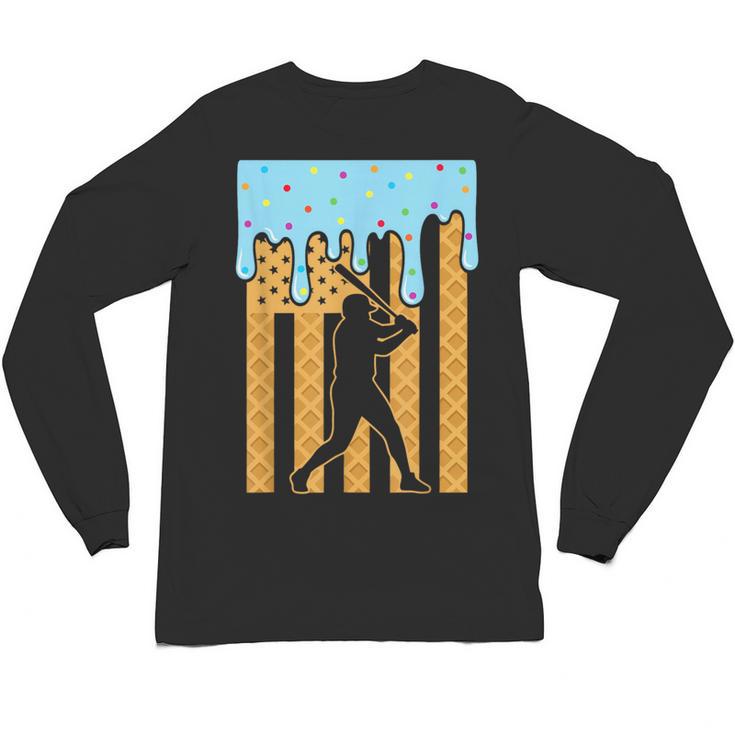 Baseball Drip Dripping Ice Cream Sport Player American Flag Unisex Long Sleeve T-Shirt