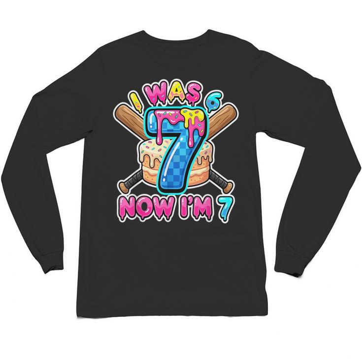 Blue Checkered I Was 6 Now I'm 7 Birthday Cake Baseball Drip Unisex Long Sleeve T-Shirt