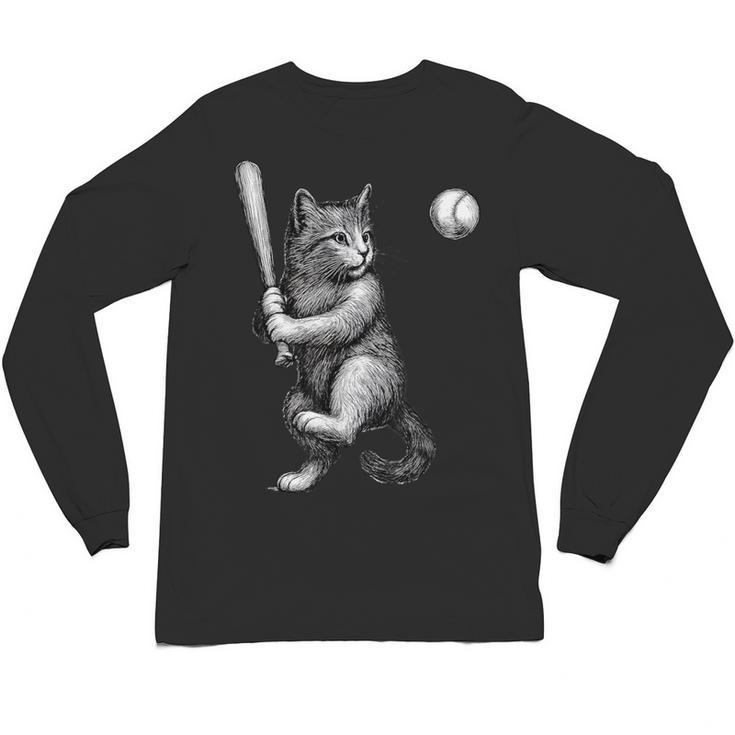 Cute Kitten Playing Baseball Hitter Bat Cool Baseball Cat Unisex Long Sleeve T-Shirt