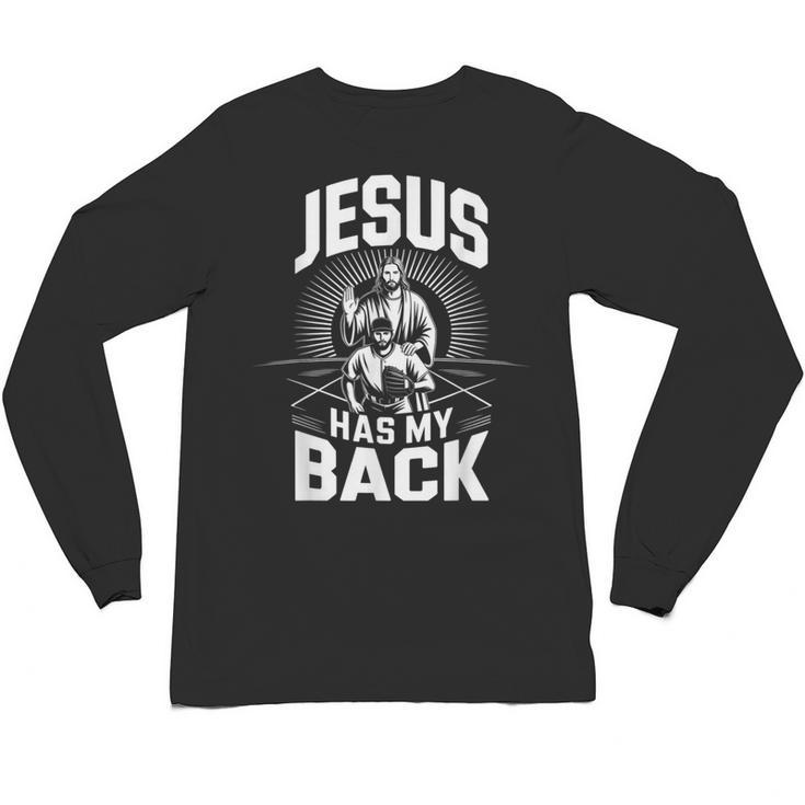 Jesus Has My Back Baseball Faith Motivation Tee Christian Unisex Long Sleeve T-Shirt