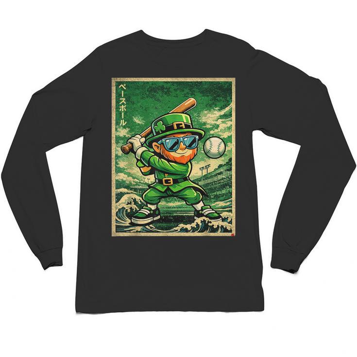 Leprechaun Playing Baseball Japanese Art St Patricks Day Unisex Long Sleeve T-Shirt