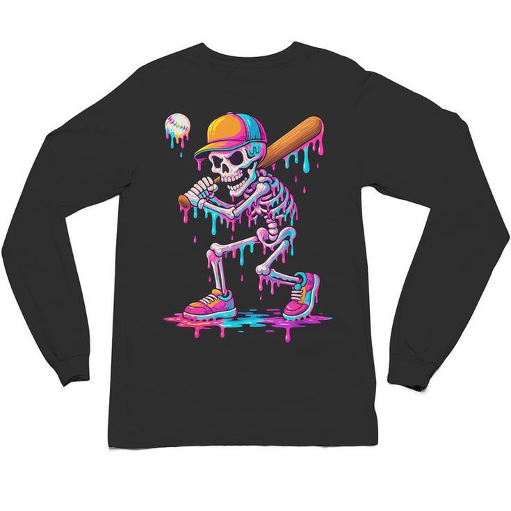 Skelton Playing Baseball Halloween Baseball Drip Boys Kids Unisex Long Sleeve T-Shirt