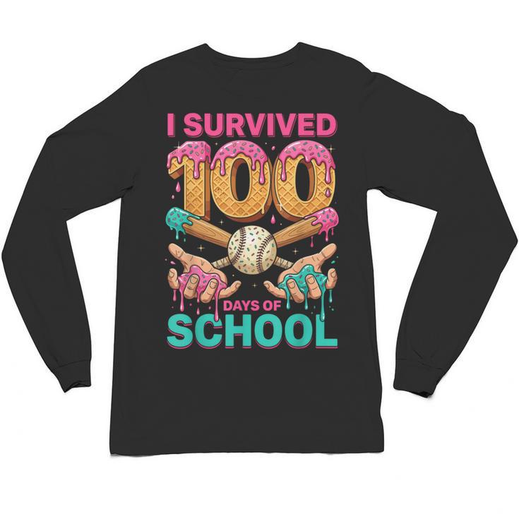 I Survived 100 Days Of School Baseball Ice Cream Drip Unisex Long Sleeve T-Shirt