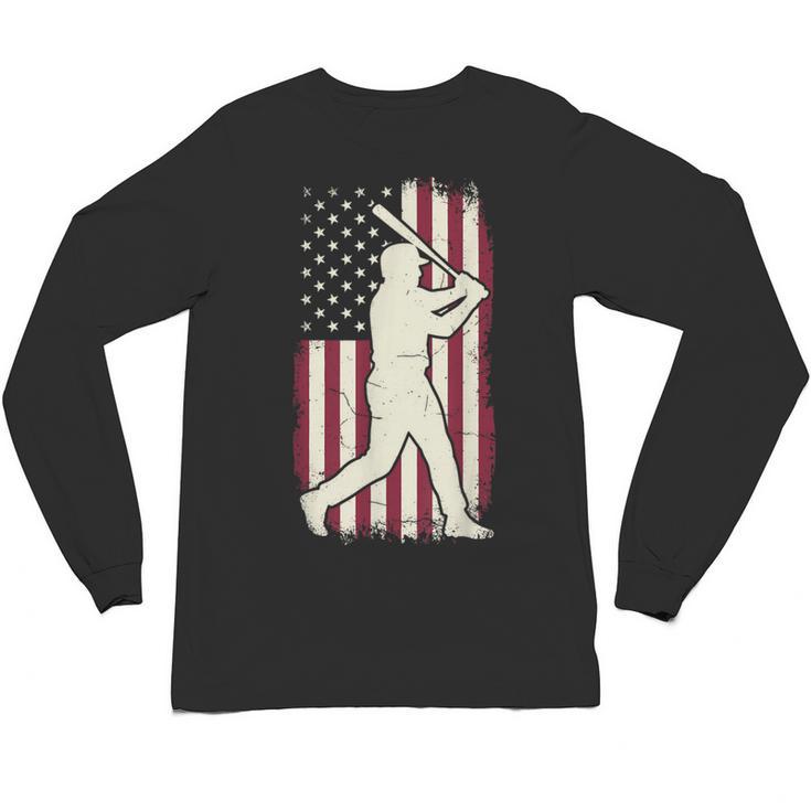 Vintage American Flag Baseball Batter Patriotic Home Run Unisex Long Sleeve T-Shirt