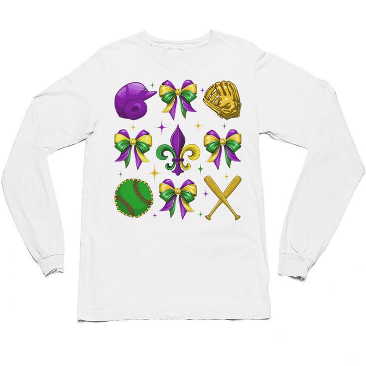 Mardi Gras Baseball Coquette Bow Fat Tuesday Parade Girls Unisex Long Sleeve T-Shirt