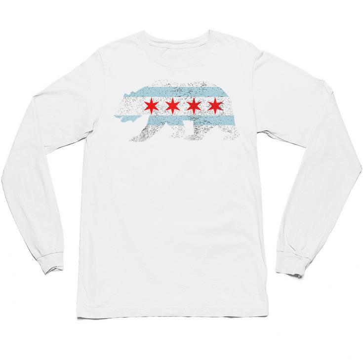 Sweet Vintage Retro Chicago City Flag Bear Print Raglan Baseball Tee Unisex Long Sleeve T-Shirt