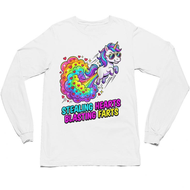 Unicorn Fart Valentine Stealing Hearts Blasting Farts Raglan Baseball Tee Unisex Long Sleeve T-Shirt