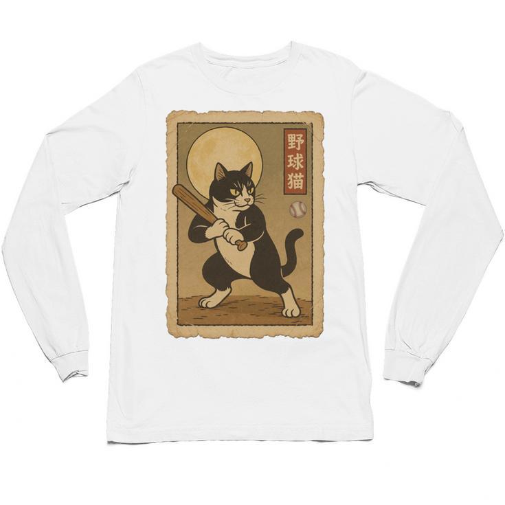 Vintage Japanese Ukiyo-e Baseball Cat Batting Unisex Long Sleeve T-Shirt