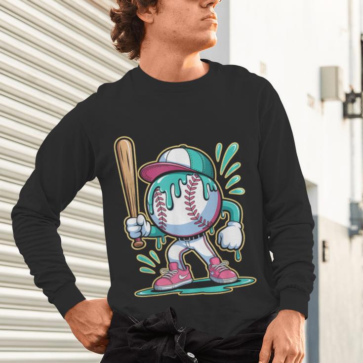 Baseball Character Cartoon Batter Drip Style Women Men Unisex Long Sleeve T-Shirt