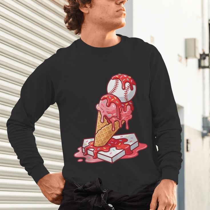 Baseball Ice Cream Drip Youth Strawberry Baseball Red Unisex Long Sleeve T-Shirt