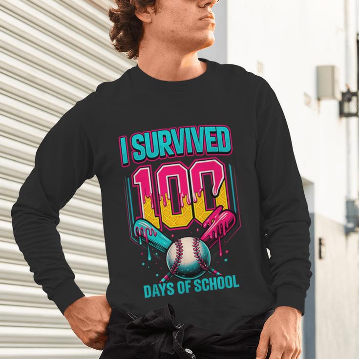 HUGvyn I Survived 100 Days Baseball Teacher Ice Cream Drip Unisex Long Sleeve T-Shirt