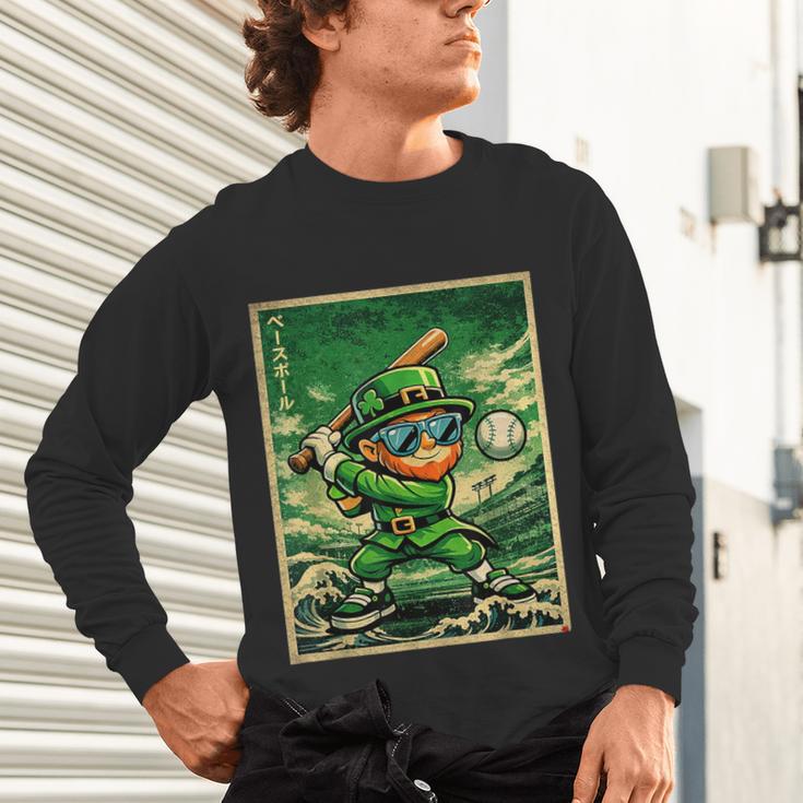 Leprechaun Playing Baseball Japanese Art St Patricks Day Unisex Long Sleeve T-Shirt